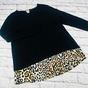 Chicos Women's Sz 1 Small 8/10 Black Long Sleeve Shirt Blouse Leopard Print Trim